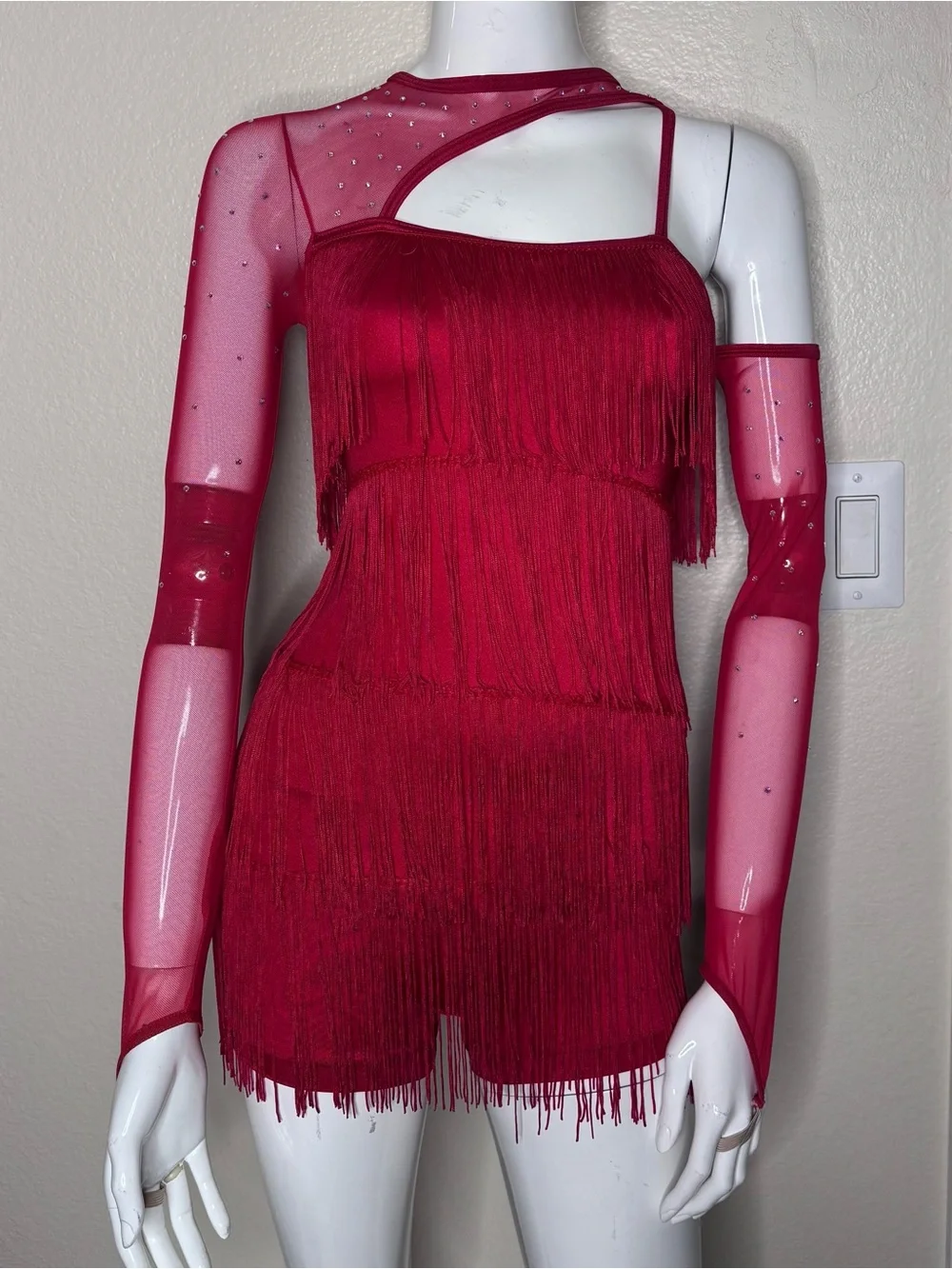 Weissman Red One-Shoulder Fringe Dance Costume